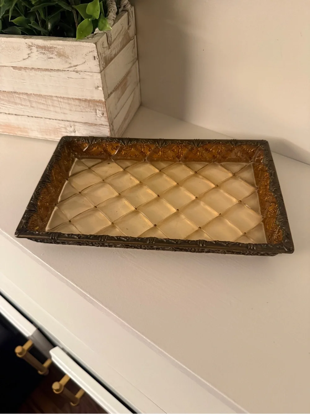 Vintage Amber Faux Glass Decorative Vanity Tray Brass Tone Filigree Catchall